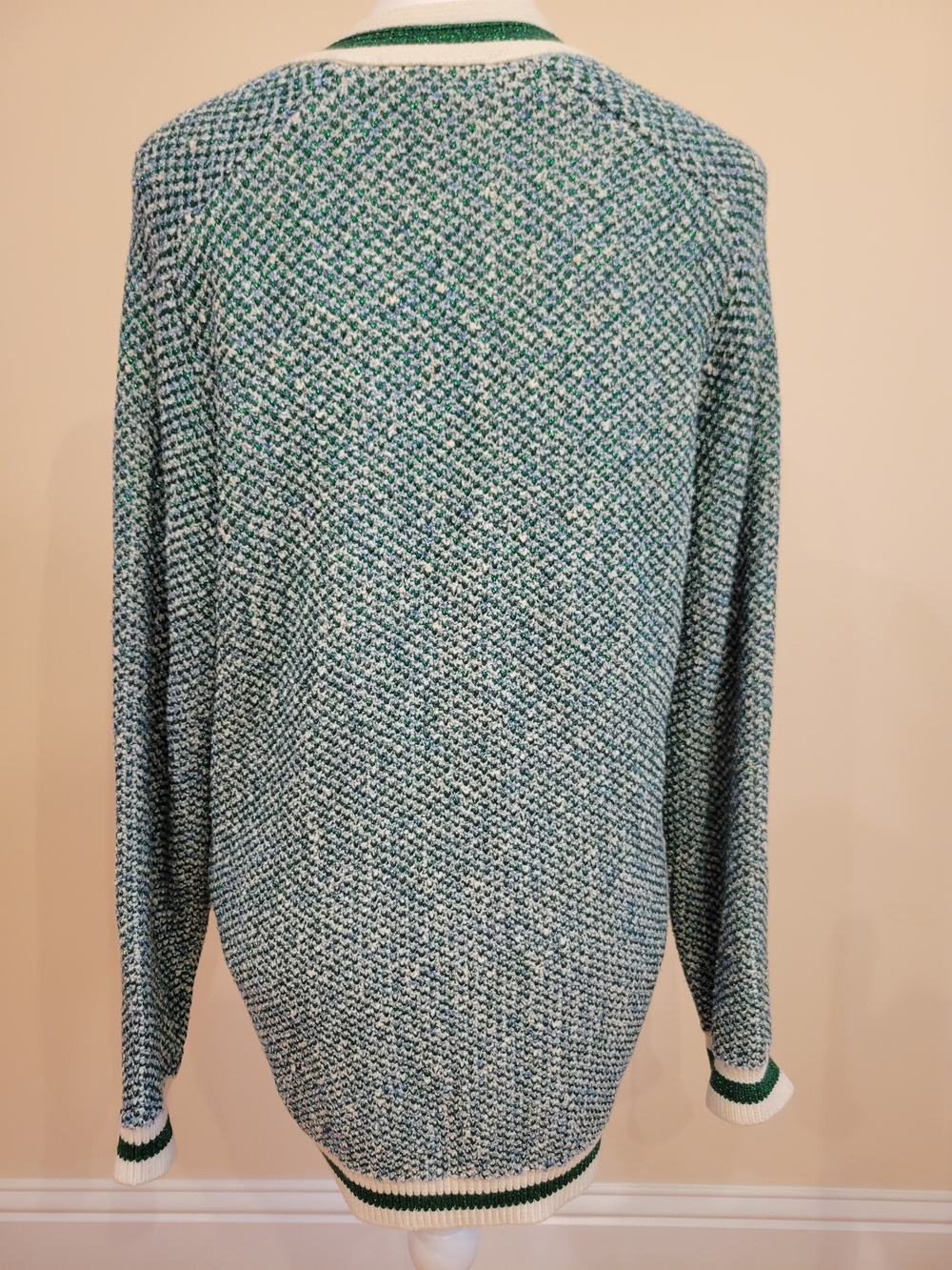 Maje Green V-Neck Cardigan with Cream Trim, Size 2, Gold Buttons, Metallic - Picture 4 of 8